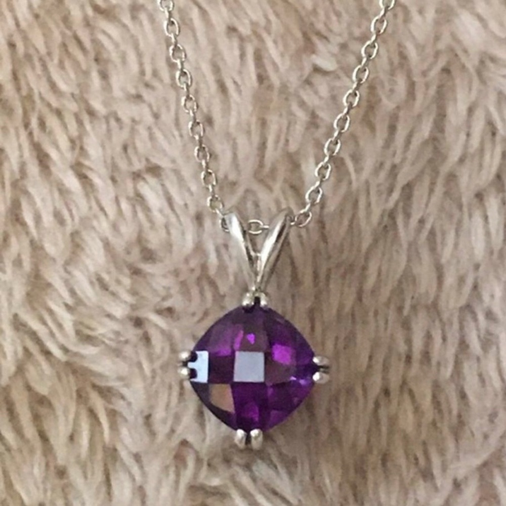 Faceted Purple Amethyst Cushion Cut Pendant and Sterling Silver 18 inch Necklace